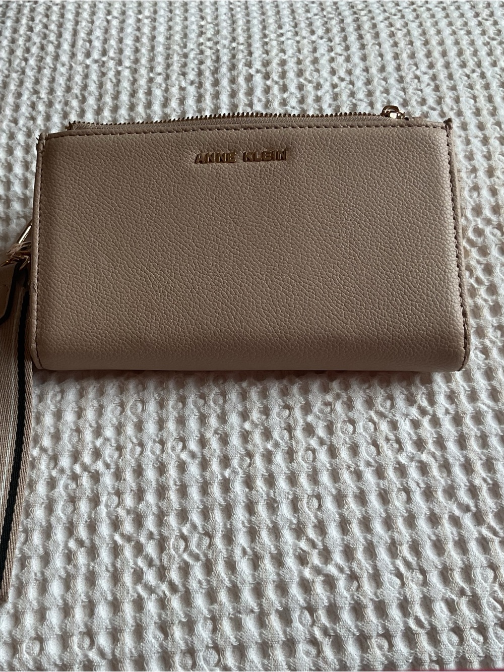 Anne Klein Taupe Zip Wristlet with Gold Logo